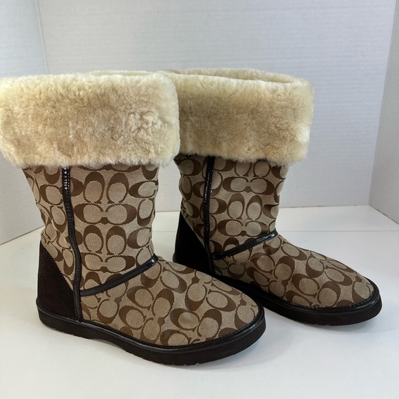 Coach Nikole Signature Khaki Chestnut Boots w/Fur Lining Size 10 - Picture 1 of 10